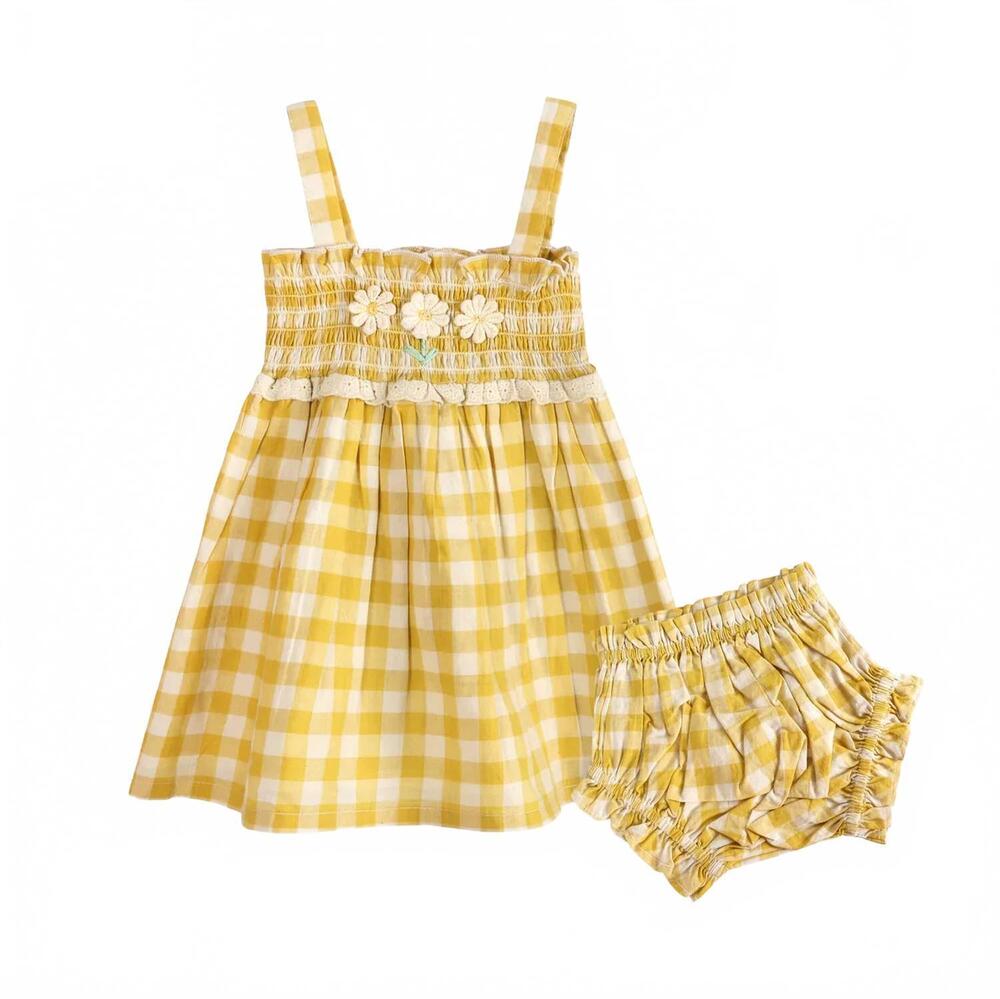 NEW VIVERANO ORGANICS girl's bonnie sunshine smocked gingham baby dress and bloo